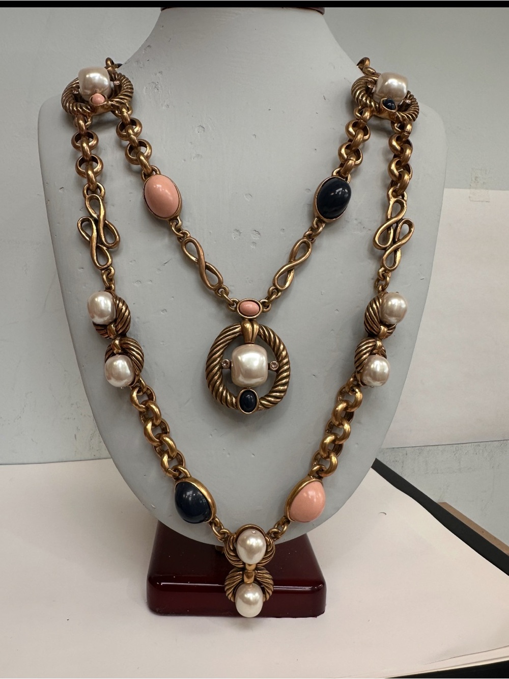 Oscar de la Renta Gold-Tone Necklace with light Coral,Navy & Pearl Accents